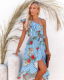 Sexy One-shoulder Irregular Midi Print Dress OLN-1130