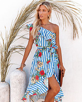 Sexy One-shoulder Irregular Midi Print Dress OLN-1130