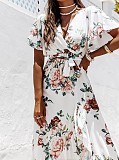 Trendy Print V-neck Lace-up Flounced Irregular Maxi Dress OLN-1147
