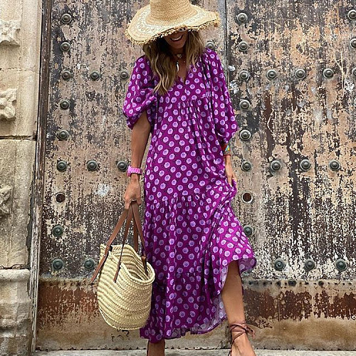 Trendy Printed Bubble-sleeves Slim Maxi Dresses OLN-2222