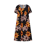 Fashion Print Short Sleeve Round Neck Hem Midi Dresses OLN-9834