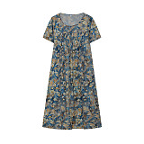 Fashion Print Short Sleeve Round Neck Hem Midi Dresses OLN-9834