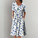 Fashion Print Short Sleeve Round Neck Hem Midi Dresses OLN-9834
