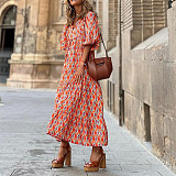 Trendy Printed Bubble-sleeves Slim Maxi Dresses OLN-2222