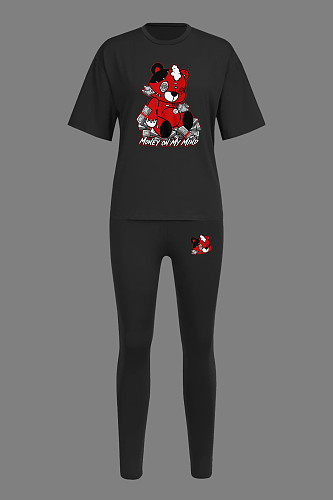 Cute Cartoon Printed Casual Black Plus Size 5XL Two Pieces Set DN-8000M35