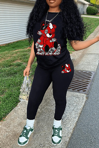 Cute Cartoon Printed Casual Black Plus Size 5XL Two Pieces Set DN-8000M35