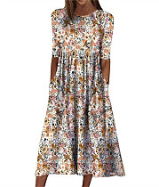Fashion Print Round Neck Hem Maxi Dresses with Pockets OLN-9835