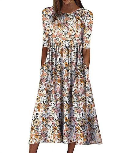 Fashion Print Round Neck Hem Maxi Dresses with Pockets OLN-9835