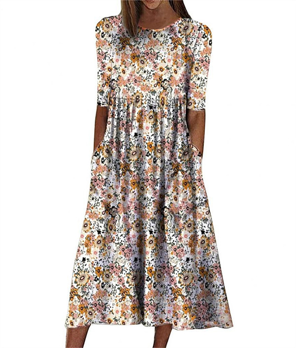 Fashion Print Round Neck Hem Maxi Dresses with Pockets OLN-9835