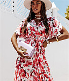 Trendy Print V-neck Lace-up Flounced Irregular Maxi Dress OLN-1147