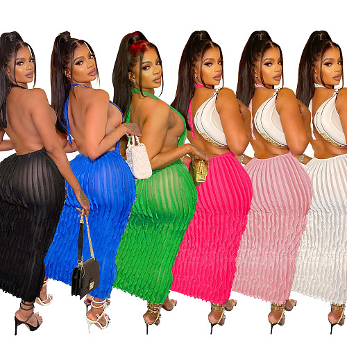 Hot Sexy Backless Halter Solid Color Wave Maxi Dresses BY-6605