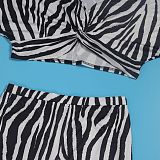 Casual Zebra-stripe Print Crop Top with Flared Pants 2Pieces Set NY-2755