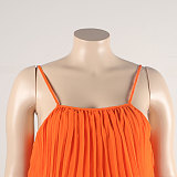 Solid Orange Straps Crop Top with Long Pleated Skirts 2 Pieces Set NY-2753