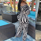 Casual Zebra-stripe Print Crop Top with Flared Pants 2Pieces Set NY-2755