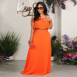 Solid Orange Straps Crop Top with Long Pleated Skirts 2 Pieces Set NY-2753