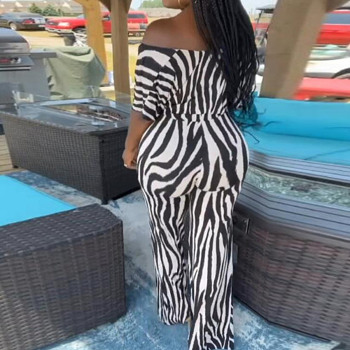 Casual Zebra-stripe Print Crop Top with Flared Pants 2Pieces Set NY-2755