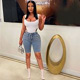 Casual Women Broken Holes Pearl ​Blue Denim Shorts CM-8690
