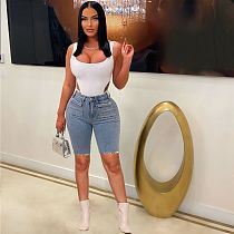Casual Women Broken Holes Pearl ​Blue Denim Shorts CM-8690