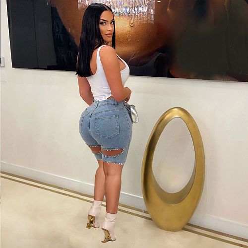 Casual Women Broken Holes Pearl ​Blue Denim Shorts CM-8690