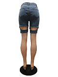 Casual Women Broken Holes Pearl ​Blue Denim Shorts CM-8690