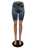Casual Women Broken Holes Pearl ​Blue Denim Shorts CM-8690