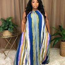 Colorful Stripes Halter Backeless Loose Large Size Maxi Dresses DNY-2234