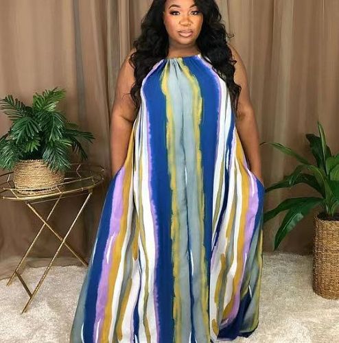 Colorful Stripes Halter Backeless Loose Large Size Maxi Dresses DNY-2234