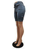 Casual Women Broken Holes Pearl ​Blue Denim Shorts CM-8690