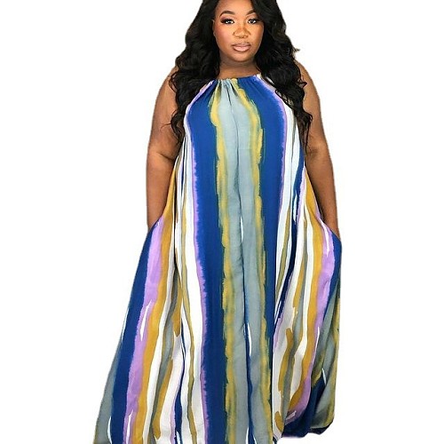 Colorful Stripes Halter Backeless Loose Large Size Maxi Dresses DNY-2234