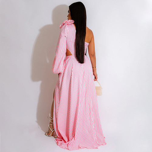 Casual Women Stripes One-shoulder Split Length Dresses OSD-6985