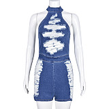 Women Halter Broken-holes Sexy Backless Denim Rompers BANT-7636
