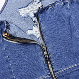 Women Halter Broken-holes Sexy Backless Denim Rompers BANT-7636