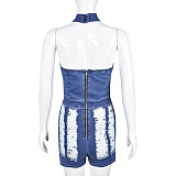 Women Halter Broken-holes Sexy Backless Denim Rompers BANT-7636