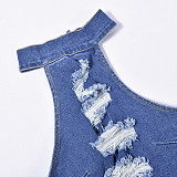 Women Halter Broken-holes Sexy Backless Denim Rompers BANT-7636