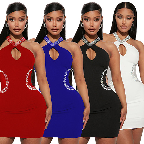 Sexy Hollow-out Halter Hot Drilling Package Hips Mini Dresses OSD-6873
