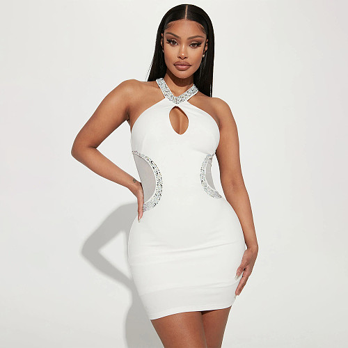 Sexy Hollow-out Halter Hot Drilling Package Hips Mini Dresses OSD-6873