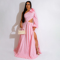 Casual Women Stripes One-shoulder Split Length Dresses OSD-6985