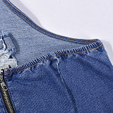 Women Halter Broken-holes Sexy Backless Denim Rompers BANT-7636