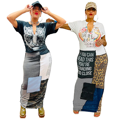 Patchwork Print Hipster Short Sleeve Maxi Dresses YNS-2608