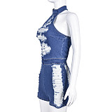 Women Halter Broken-holes Sexy Backless Denim Rompers BANT-7636