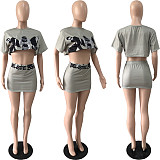 Street Short Sleeve Crop Tops Mini Skirt Two Piece Set YNS-2603