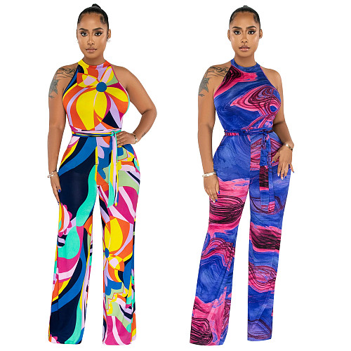 Trendy Printed Sleeveless Bandage Straight Jumpsuit OSD-6874