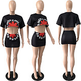 Street Short Sleeve Crop Tops Mini Skirt Two Piece Set YNS-2603