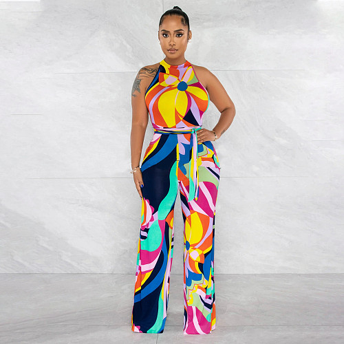 Trendy Printed Sleeveless Bandage Straight Jumpsuit OSD-6874