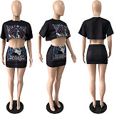 Street Short Sleeve Crop Tops Mini Skirt Two Piece Set YNS-2603