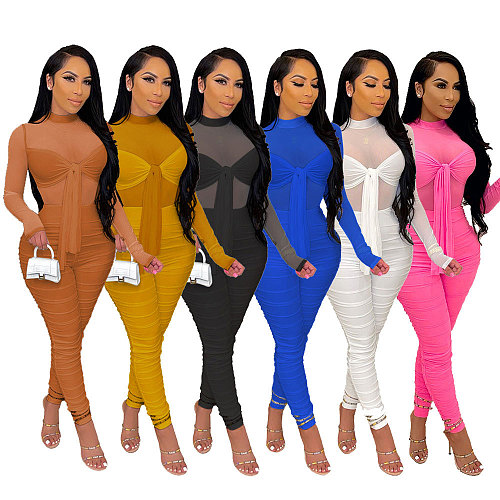 Sexy Sheer Mesh Patchwork Ruched Skinny Jumpsuits HANI-028