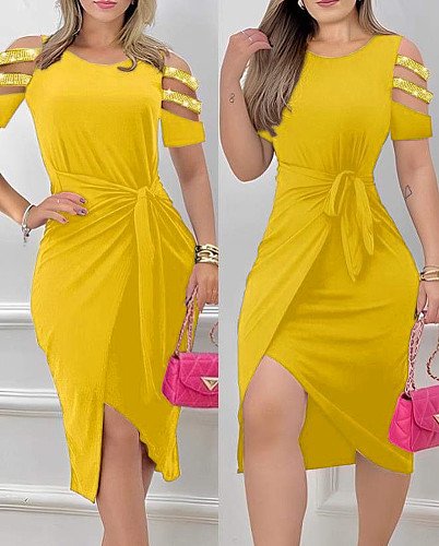 Casual Hot Drilling Lace-up Irregular Midi Dress JR-3741
