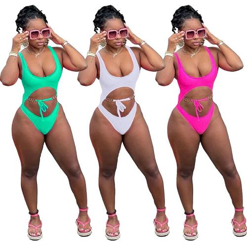 Solid Color Hollow Out Lace Up One Piece Swimsuit MDF-5211
