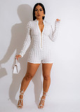 Solid Color Knitted Plaid Zipper Long Sleeve Rompers WLS-202301