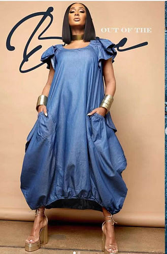Casual Round Neck Loose Blue Pockets Maxi Dress GT-9134